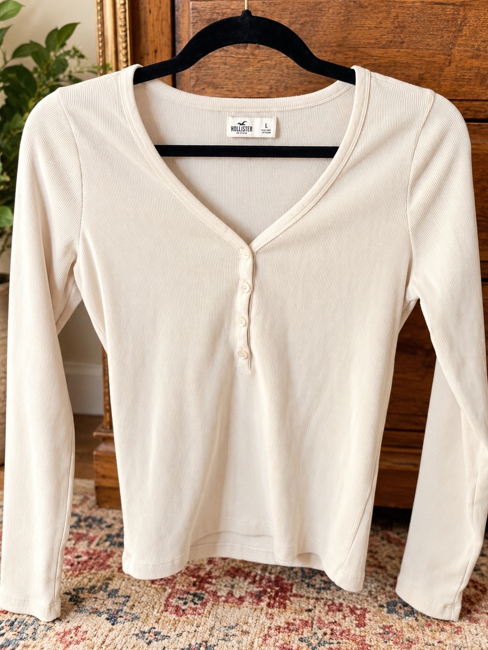 Hollister Cream Ribbed Henley Long Sleeve Top